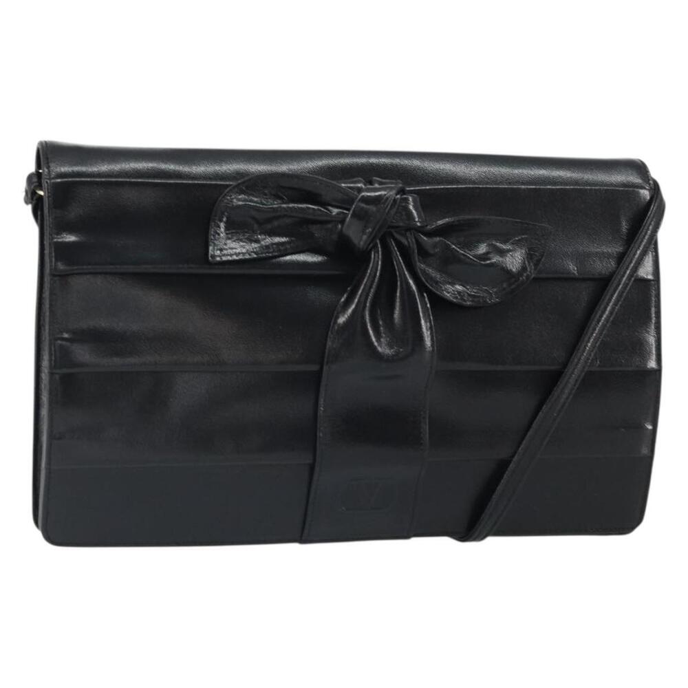 VALENTINO Shoulder Bag Leather Black Gold Auth BA9364